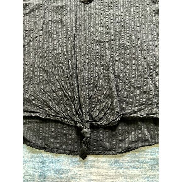 Hem & Thread Black Textured Stripe V Neck Tie Front Ruffle Sleeve Tee Large - Picture 5 of 7